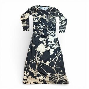 Chic Black and Cream Floral Long Sleeve Dress Ruched Bodycon Maxi Sz L Sttetch